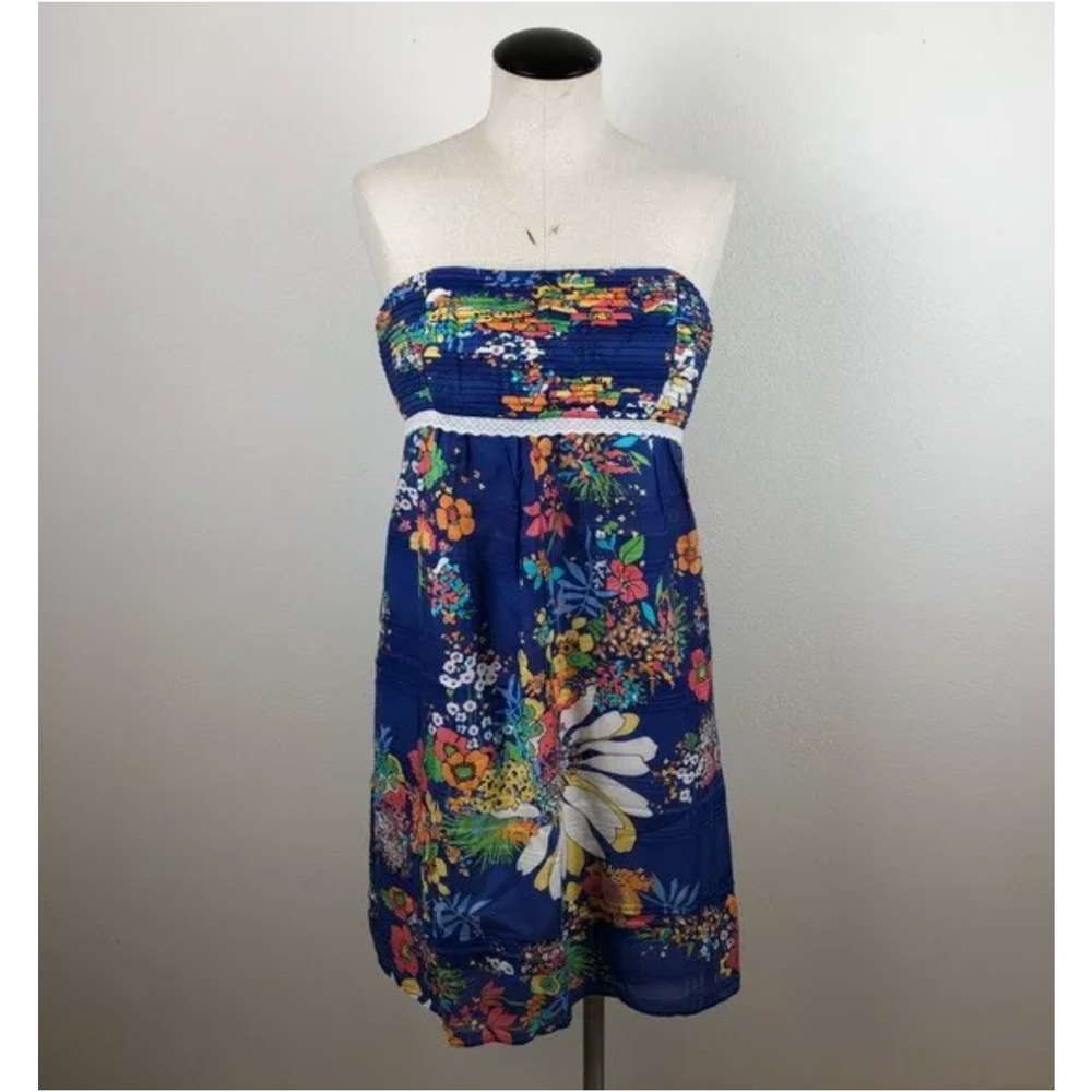 SHOSHANNA Strapless Floral Above Knee Dress 10 Blue Eyelet pockets Party